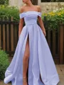 A-line Glam Off-the-Shoulder Sleeveless Sweep Train Satin Corset Prom Dress With Sequins