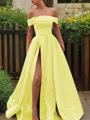 A-line Glam Off-the-Shoulder Sleeveless Sweep Train Satin Corset Prom Dress With Sequins