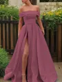 A-line Glam Off-the-Shoulder Sleeveless Sweep Train Satin Corset Prom Dress With Sequins