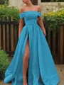 A-line Glam Off-the-Shoulder Sleeveless Sweep Train Satin Corset Prom Dress With Sequins