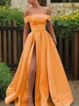 A-line Glam Off-the-Shoulder Sleeveless Sweep Train Satin Corset Prom Dress With Sequins