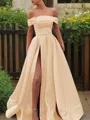 A-line Glam Off-the-Shoulder Sleeveless Sweep Train Satin Corset Prom Dress With Sequins