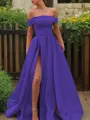 A-line Glam Off-the-Shoulder Sleeveless Sweep Train Satin Corset Prom Dress With Sequins