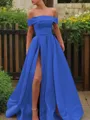 A-line Glam Off-the-Shoulder Sleeveless Sweep Train Satin Corset Prom Dress With Sequins
