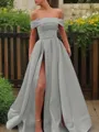 A-line Glam Off-the-Shoulder Sleeveless Sweep Train Satin Corset Prom Dress With Sequins