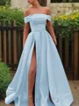 A-line Glam Off-the-Shoulder Sleeveless Sweep Train Satin Corset Prom Dress With Sequins