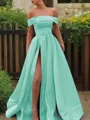 A-line Glam Off-the-Shoulder Sleeveless Sweep Train Satin Corset Prom Dress With Sequins