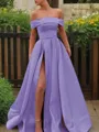 A-line Glam Off-the-Shoulder Sleeveless Sweep Train Satin Corset Prom Dress With Sequins