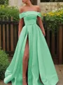 A-line Glam Off-the-Shoulder Sleeveless Sweep Train Satin Corset Prom Dress With Sequins