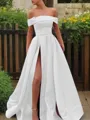 A-line Glam Off-the-Shoulder Sleeveless Sweep Train Satin Corset Prom Dress With Sequins