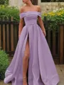 A-line Glam Off-the-Shoulder Sleeveless Sweep Train Satin Corset Prom Dress With Sequins