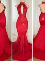 Trumpet/Mermaid Halter Sleeveless Exquisite Sweep Train Open Back Silk like Satin Prom Dress With Sequins