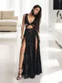 A-line V-Neck Sleeveless Floor-Length Sequins Luminescent Prom Dress With Ruffles