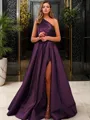 Charming A-line One-Shoulder Sleeveless Sweep Train Satin Prom Dress With Sequins