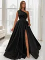 Charming A-line One-Shoulder Sleeveless Sweep Train Satin Prom Dress With Sequins
