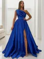 Charming A-line One-Shoulder Sleeveless Sweep Train Satin Prom Dress With Sequins