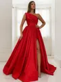 Charming A-line One-Shoulder Sleeveless Sweep Train Satin Prom Dress With Sequins