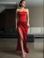 Sheath/Column Hot Strapless Sleeveless Sweep Train Satin Corset Prom Dress With Sequins