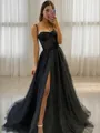 Flattering A-line Spaghetti Straps Sleeveless Sweep Train Corset Prom Dress With Sequins