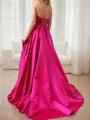 A-line Graceful Strapless Sleeveless Sweep Train Satin Prom Dress With Sequins