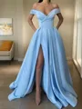 A-line Off-the-Shoulder Sleeveless Elegant Floor-Length Satin Prom Dress With Sequins
