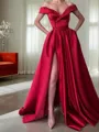 A-line Off-the-Shoulder Sleeveless Elegant Floor-Length Satin Prom Dress With Sequins