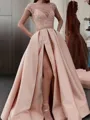 A-line Scoop Short Sleeves Sweep Train Satin Timeless Prom Dress With Slit