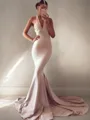 Graceful Trumpet/Mermaid V-Neck Sleeveless Sweep Train Stretch Crepe Prom Dress With Sash