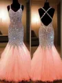 Trumpet/Mermaid V-Neck Head-turning Sleeveless Floor-Length Tulle Prom Dress With Sequins