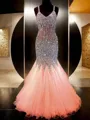 Trumpet/Mermaid V-Neck Head-turning Sleeveless Floor-Length Tulle Prom Dress With Sequins