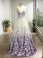Modest A-line Princess V-Neck Sleeveless Floor-Length Tulle Prom Dress With Applique