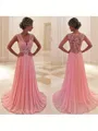 A-line V-Neck Sleeveless Sweep Train Simple Chiffon Prom Dress With Lace