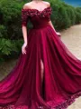 A-line Princess Off-the-Shoulder 1/2 Sleeves Sweep Train Balanced Tulle Prom Dress With Slit