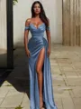Sheath/Column Off-the-Shoulder Sleeveless Sweep Train Chic Silk like Satin Corset Prom Dress With Slit