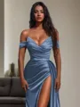 Sheath/Column Off-the-Shoulder Sleeveless Sweep Train Chic Silk like Satin Corset Prom Dress With Slit