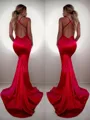 Seductive Trumpet/Mermaid Halter Sleeveless Sweep Train Silk like Satin Prom Dress With Ruffles