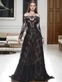 A-line Off-the-Shoulder Long Sleeves Sweep Train Dreamy Lace Prom Dress With Applique