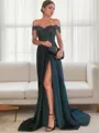 A-line Trendy Off-the-Shoulder Sleeveless Sweep Train Silk like Satin Corset Prom Dress With Lace