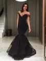 Trumpet/Mermaid Off-the-Shoulder Sleeveless Sweep Train Elegant Tulle Prom Dress With Ruffles