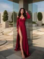 A-line Off-the-Shoulder Pretty Long Sleeves Sweep Train Jersey Prom Dress With Slit