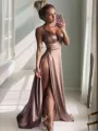 A-line Spaghetti Straps Sleeveless Charming Sweep Train Silk like Satin Prom Dress With Slit