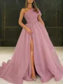 Ball-Gown One-Shoulder Sleeveless Elegant Sweep Train Organza Prom Dress With Slit