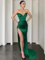 Sheath/Column Sweetheart Sleeveless Sweep Train Stylish Satin Corset Prom Dress With Slit