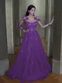 A-line Princess Classic Scoop Long Sleeves Sweep Train Tulle Prom Dress With Applique