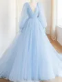 A-line Princess V-Neck Long Sleeves Sweep Train Tulle Chic Prom Dress