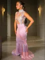 Trumpet/Mermaid High Neck Enchanting Sleeveless Sweep Train Silk like Satin Prom Dress With Lace
