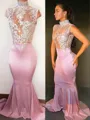 Trumpet/Mermaid High Neck Enchanting Sleeveless Sweep Train Silk like Satin Prom Dress With Lace