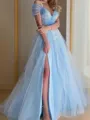 A-line Princess V-Neck Short Sleeves Sweep Train Sophisticated Tulle Prom Dress