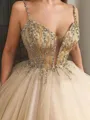 Ball-Gown Princess V-Neck Sleeveless Floor-Length Tulle Flowy Prom Dress With Beading