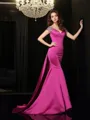 Trumpet/Mermaid Off-the-Shoulder Sleeveless Fitted Court Train Satin Prom Dress With Beading